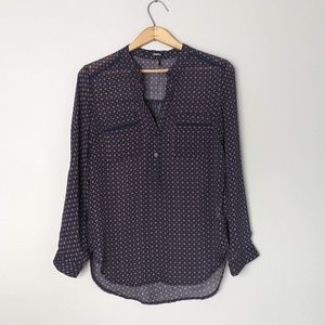 High-low sheer navy blouse with geometric pattern size small - Roly Poly